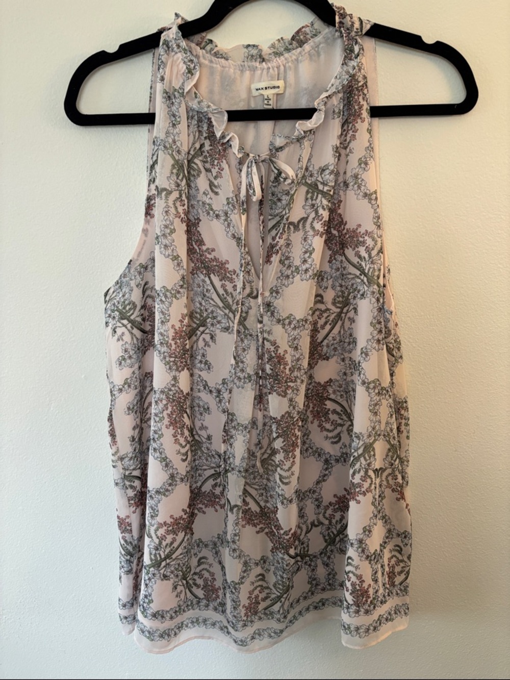 NWOT Max Studio Blush Pink Floral Ruffle Tie-Neck Peep Camisole - Picture 7 of 7